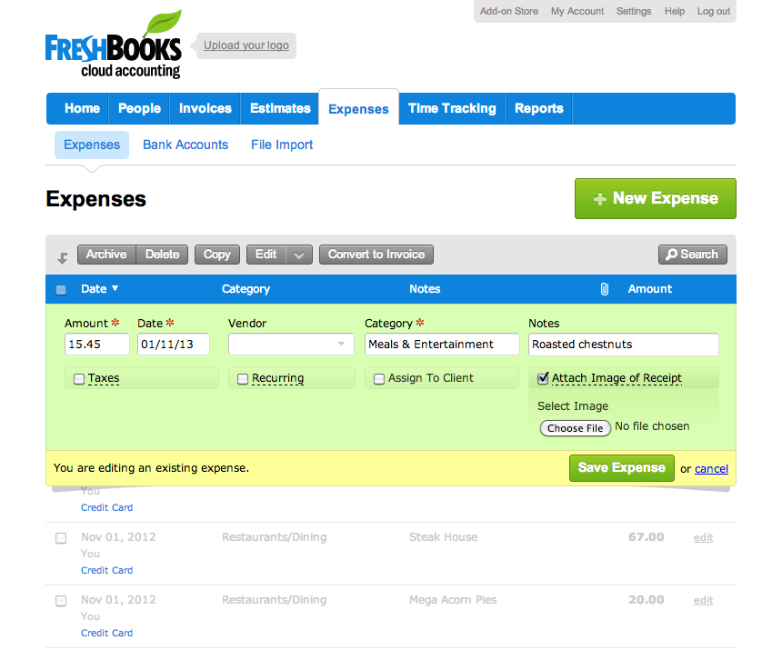 Easily track your expenses with FreshBooks.