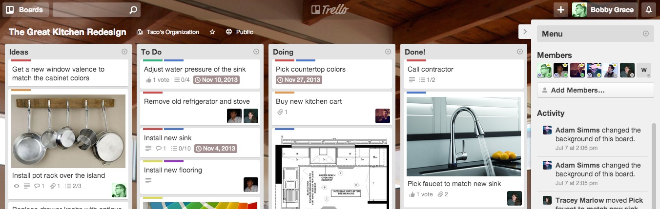 One of Trello's board: you can see its cards on it.