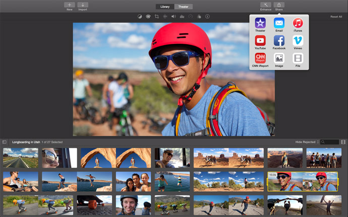 Sharing options in iMovie includes Facebook, Vimeo, or your own hard disk.