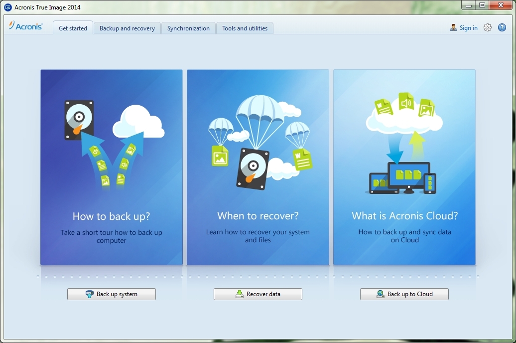 Acronis True Image getting started screen