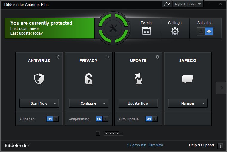 Bitdefender Antivirus Plus manages to display clearly your defence status.