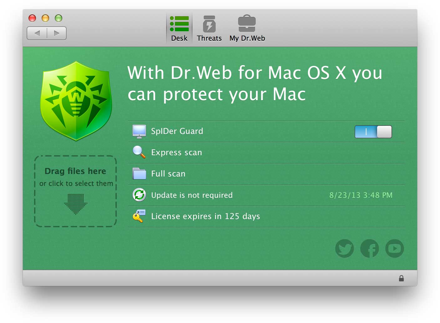 Dr. Web Antivirus for macOS deploys the usual interface, as you can see.