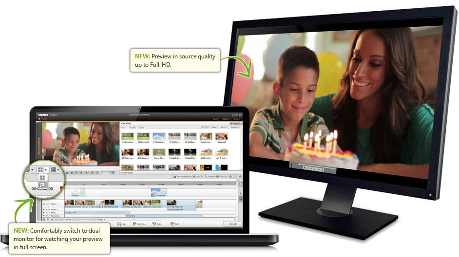 With Nero Video you can use two monitor to edit your shots.